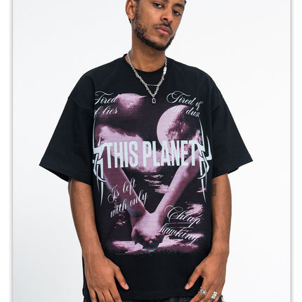 ONSEVENINE White Ink Direct Spray Print Short Sleeve New Loose Unisex 315g Pure Cotton Small Neck T-Shirt