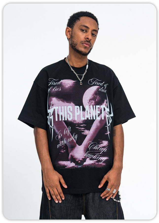 ONSEVENINE White Ink Direct Spray Print Short Sleeve New Loose Unisex 315g Pure Cotton Small Neck T-Shirt