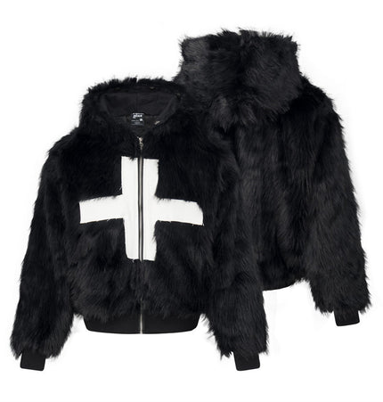 Cross Appliqué Faux-Fur Hooded Jacket