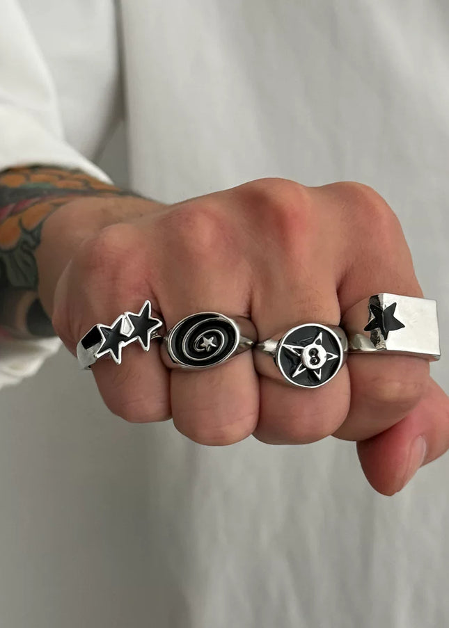 Men's 4-piece set of dripping oil five-pointed star ring set European and American hip-hop trend fashion boys take photos with accessories