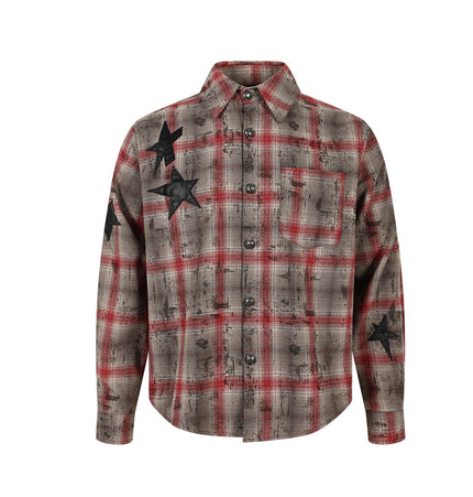 Magic Bear 2026 New American Street Subculture Applique Star Embroidery Distressed Plaid Shirt Long Sleeve