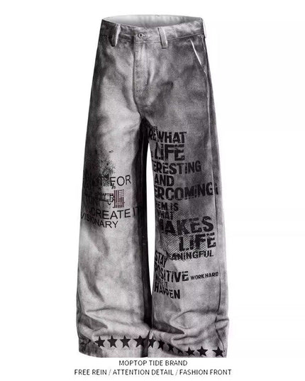 Mr. WH American distressed letter print dirty jeans men's and women's loose wide-leg pants niche design trousers