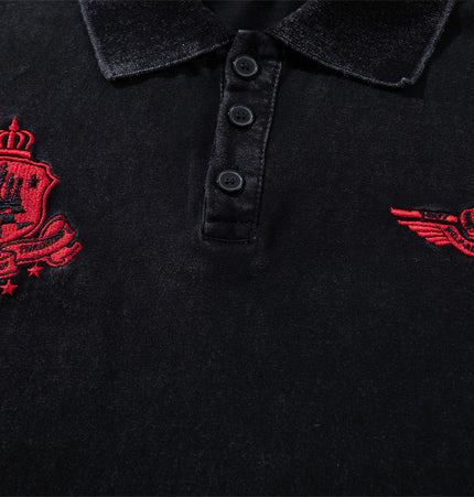 Badge embroidery washed distressed polo shirt for men, summer ins, street punk, casual pure cotton lapel short-sleeve T-shirt
