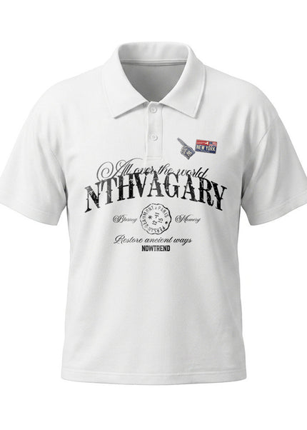 American letter print sporty loose polo shirt for men, summer INS street trend lapel short-sleeve T-shirt, casual