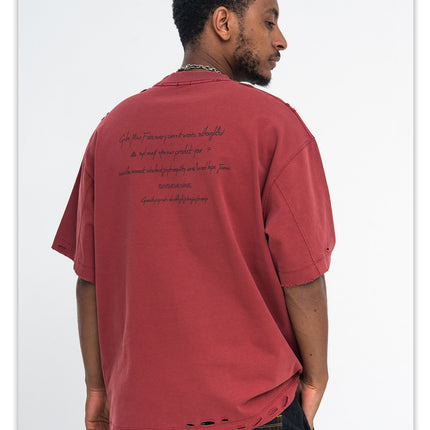 ONSEVENINE350-gram heavyweight pure cotton ripped breathable printed short-sleeve T-shirt, trendy loose for men and women, summer