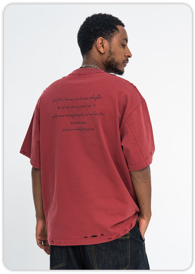 ONSEVENINE350-gram heavyweight pure cotton ripped breathable printed short-sleeve T-shirt, trendy loose for men and women, summer