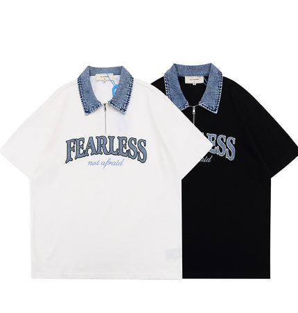 Monogram patch short-sleeved T-shirt men's ins, high street fashion brand, color-blocked lapel half-sleeve shirt, loose half-collar polo shirt