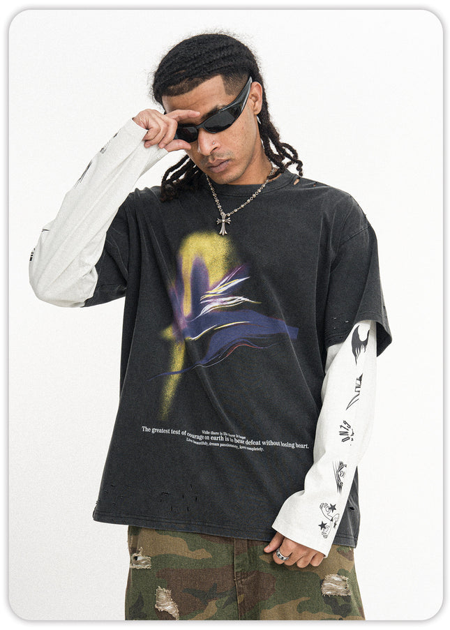ONSEVEN trendy brand washed distressed long-sleeve T-shirt, vintage fake two-piece patchwork men's spring/autumn top, national trend