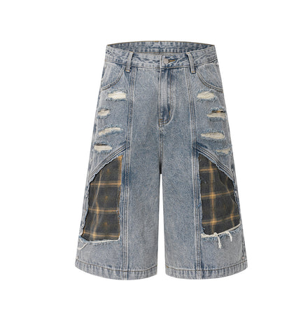 Washed Splicing Broken Denim Shorts