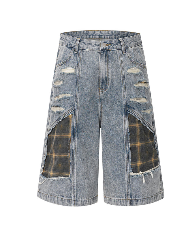 Jiayiku 2026 new American washed splicing broken denim shorts wasteland style personality street cropped pants for men