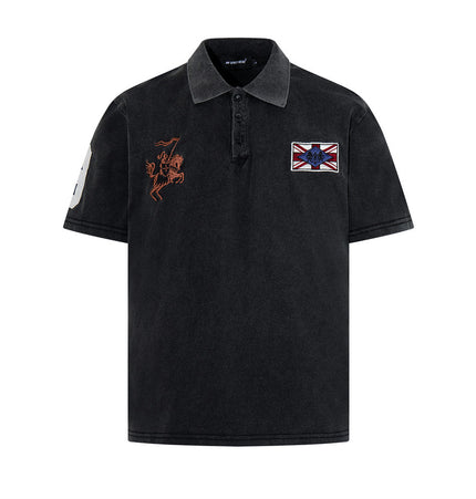 American vintage patch embroidered distressed short-sleeve polo shirt, summer men's loose INS street washed lapel T-shirt