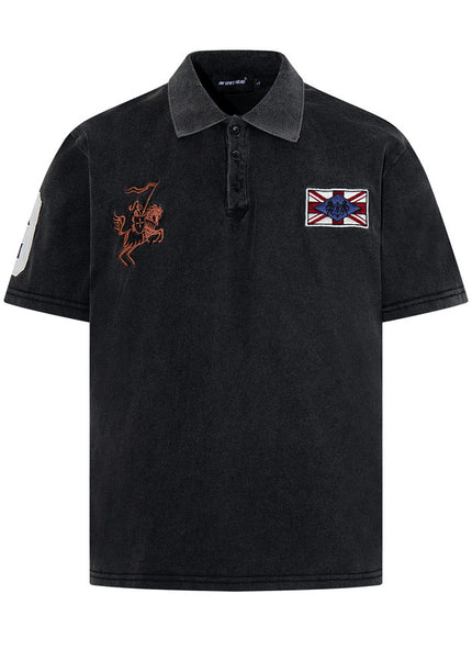 American vintage patch embroidered distressed short-sleeve polo shirt, summer men's loose INS street washed lapel T-shirt