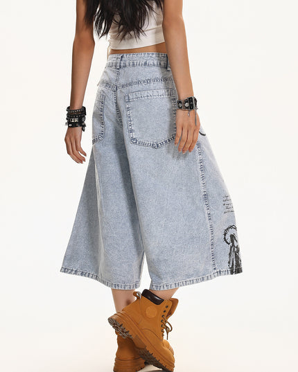 XPKAEAX American vintage washed printed design high-waisted, slimming, loose wide-leg cropped jeans for women's summer