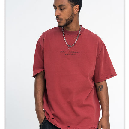 ONSEVENINE350-gram heavyweight pure cotton ripped breathable printed short-sleeve T-shirt, trendy loose for men and women, summer