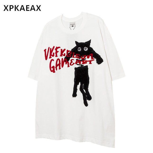 XPKAEAX original trendy brand cat towel embroidered five-quarter sleeve European and American high street crew neck short sleeve T-shirt men's and women's couples