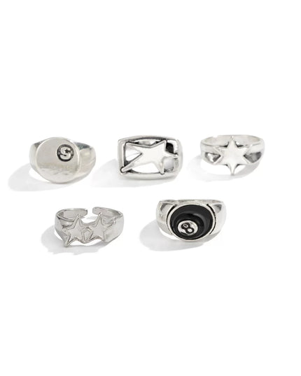 5-piece set of pentagram billiards black 8 ring set European and American retro hip-hop niche ring cross-border men's hand jewelry