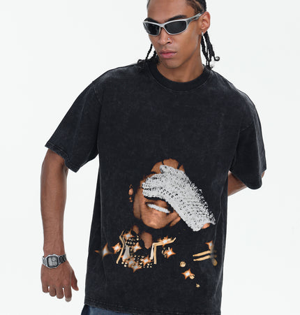 Spring/Summer 2026 Michael Jackson American Street Couple Top Direct Spray Print Washed Men's Short Sleeves