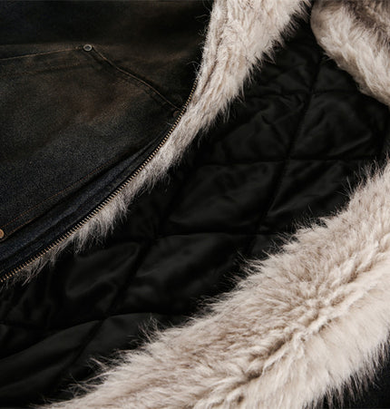 Fur-Collar Hooded Denim Jacket