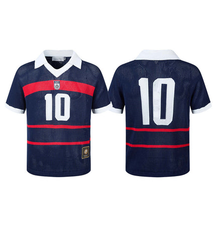 10-Size Jacquard V-neck Knit Polo Shirt Short Sleeve T-Shirt Men's Summer Hollow Mesh Breathable Jersey Sports Casual