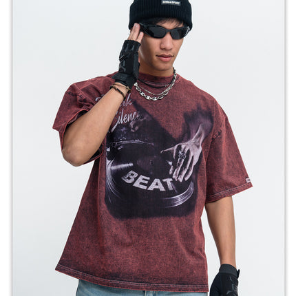 ONSEVENINE printed washed distressed small neckline 300g heavyweight pure cotton short-sleeve T-shirt for men, loose for summer