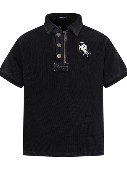 American vintage summer men's polo shirt, loose casual ins, street trend design, half-zip lapel collar short-sleeve T-shirt
