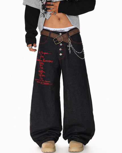Letter Embroidered Breasted Jeans