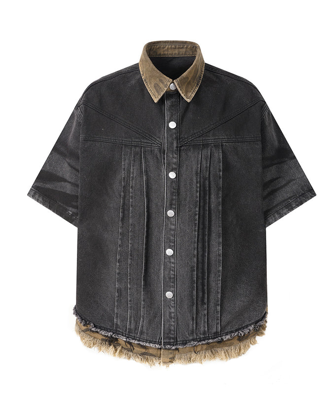 Jiaqlo Men's 2026 New High Street American Waste Earth Feng Shui Wash Destruction Denim Shirt Raw Edge Cargo Denim