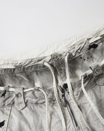 American High Street Subculture: Inkjet Graded Washed Destroyed Casual Pants Men's 3D Silhouette Double-Waist Toe Wide-Leg Pants
