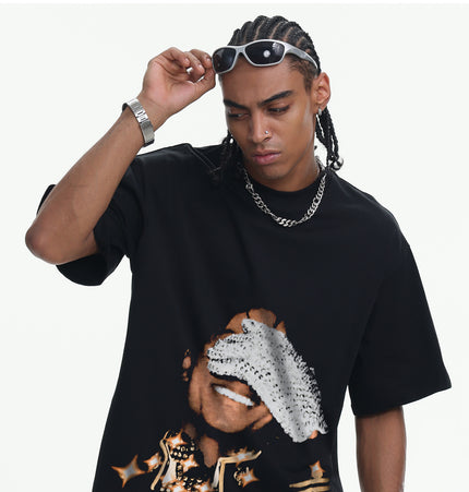 Spring/Summer 2026 Michael Jackson American Street Couple Top Direct Spray Print Washed Men's Short Sleeves