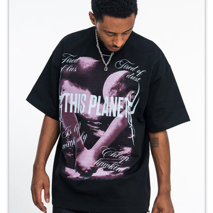 ONSEVENINE White Ink Direct Spray Print Short Sleeve New Loose Unisex 315g Pure Cotton Small Neck T-Shirt