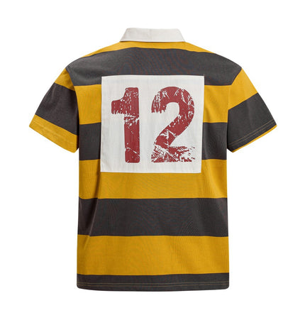 Color-blocked striped short-sleeve polo shirt for men, summer INS European and American street trend 12-digit print turn-down collar T-shirt, half-sleeve