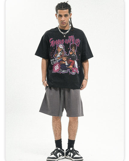 ONSEVENINE American Short Sleeve T-Shirt Men's Summer New Heavy Cotton 300g Small Neckline Loose Hip Hop National Trend