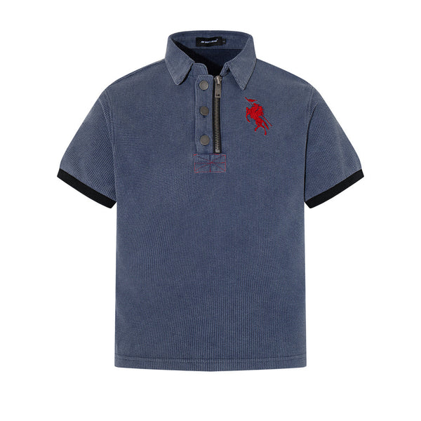 American vintage summer men's polo shirt, loose casual ins, street trend design, half-zip lapel collar short-sleeve T-shirt