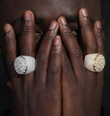 HIISEES European and American men's hip hop flower diamond ring trend retro real gold electroplated big ring shining jewelry