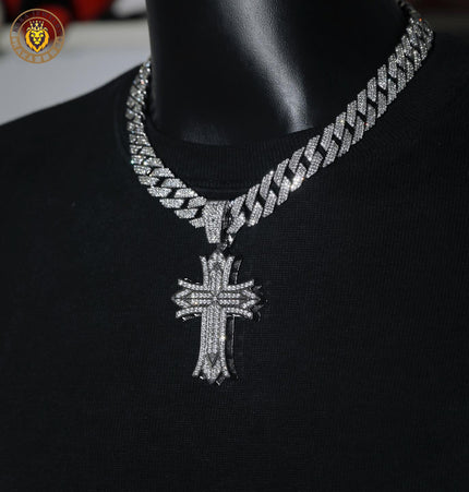 European and American fashion brand hip-hop cross pendant heavy industry three-row diamond necklace versatile men's and women's Cuban chain full diamond necklace