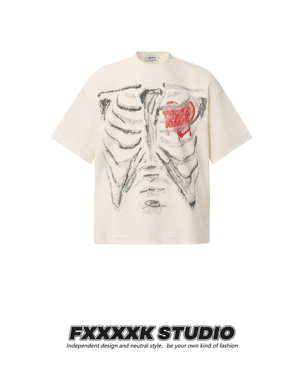 FXK Original Dark High Street Style Skull Love Print Waffle Breathable Loose Couple Short Sleeve T-Shirt Top