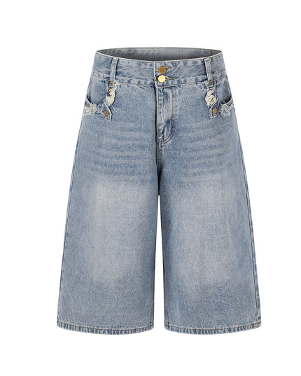American-style street jeans, summer new washed patchwork pockets, frayed edged denim shorts, personalized five-point pants