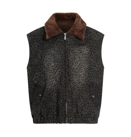 Leopard-Collar Zip Utility Vest