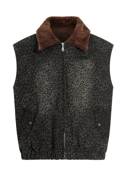 Leopard-Collar Zip Utility Vest