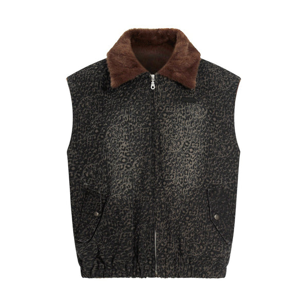 Leopard-Collar Zip Utility Vest