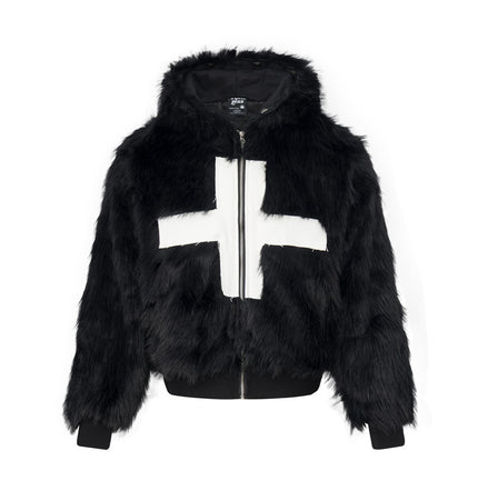 Cross Appliqué Faux-Fur Hooded Jacket