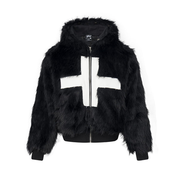 Cross Appliqué Faux-Fur Hooded Jacket