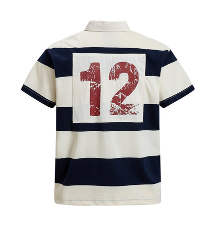 Color-blocked striped short-sleeve polo shirt for men, summer INS European and American street trend 12-digit print turn-down collar T-shirt, half-sleeve