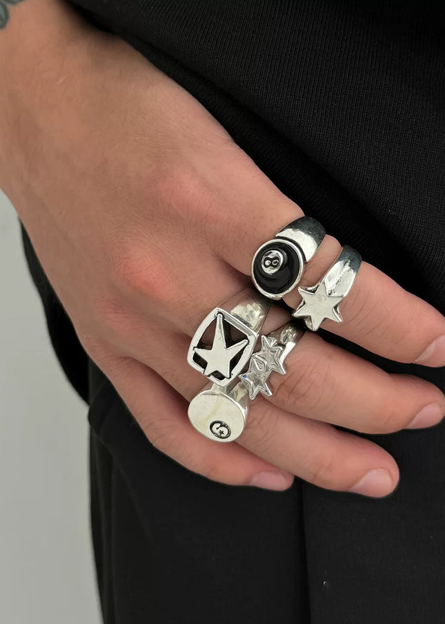 5-piece set of pentagram billiards black 8 ring set European and American retro hip-hop niche ring cross-border men's hand jewelry