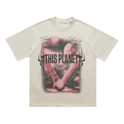 ONSEVENINE White Ink Direct Spray Print Short Sleeve New Loose Unisex 315g Pure Cotton Small Neck T-Shirt