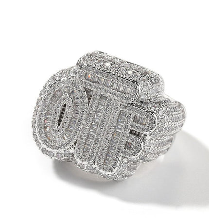 OTF Alphabet Hip-Hop 5A Zircon-Inlaid Trendy Brand Ring for Men, Hip-Hop Personality Fashion Versatile Ring, European and American Style
