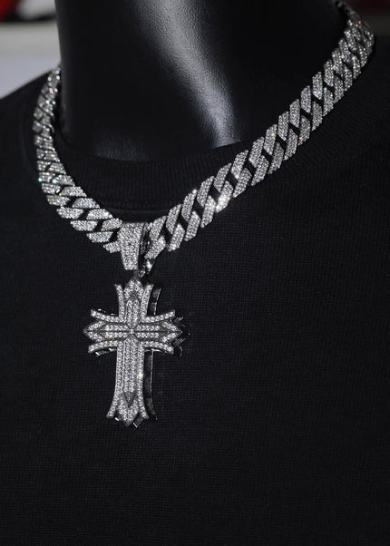 European and American fashion brand hip-hop cross pendant heavy industry three-row diamond necklace versatile men's and women's Cuban chain full diamond necklace