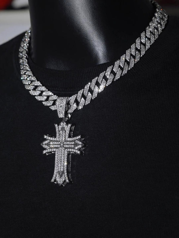 European and American fashion brand hip-hop cross pendant heavy industry three-row diamond necklace versatile men's and women's Cuban chain full diamond necklace