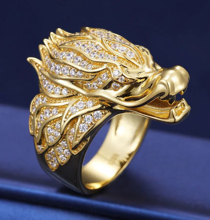 New original full diamond dragon head-up ring, men's and women's fashion commuting temperament, niche light luxury inlaid index finger ring accessories