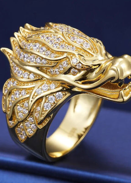 New original full diamond dragon head-up ring, men's and women's fashion commuting temperament, niche light luxury inlaid index finger ring accessories